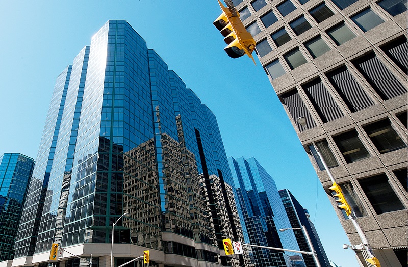 Two skyscrapers and blue sky