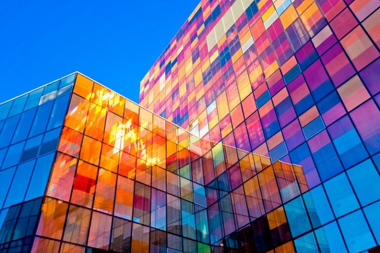 Colored glass building