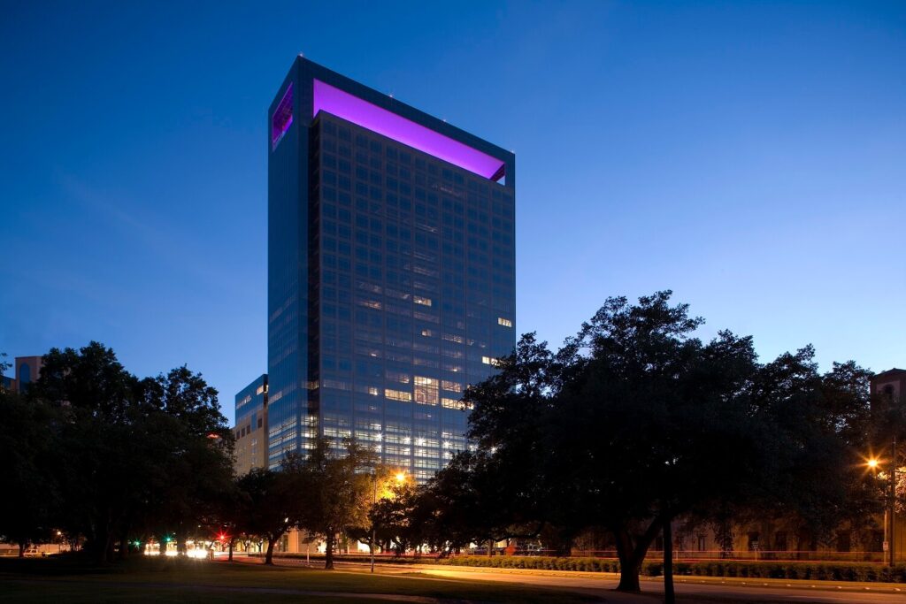 View of the building at dusk