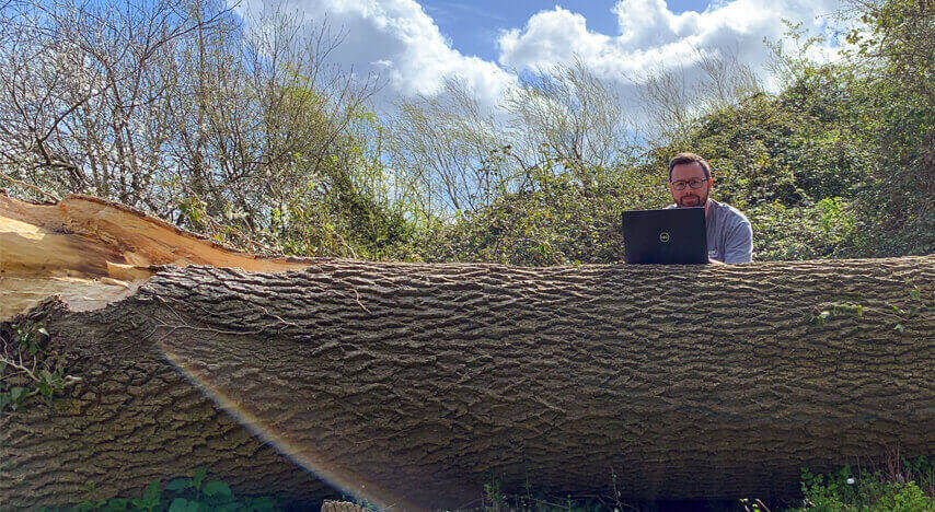 A man working with a laptop on a fallen tree stump