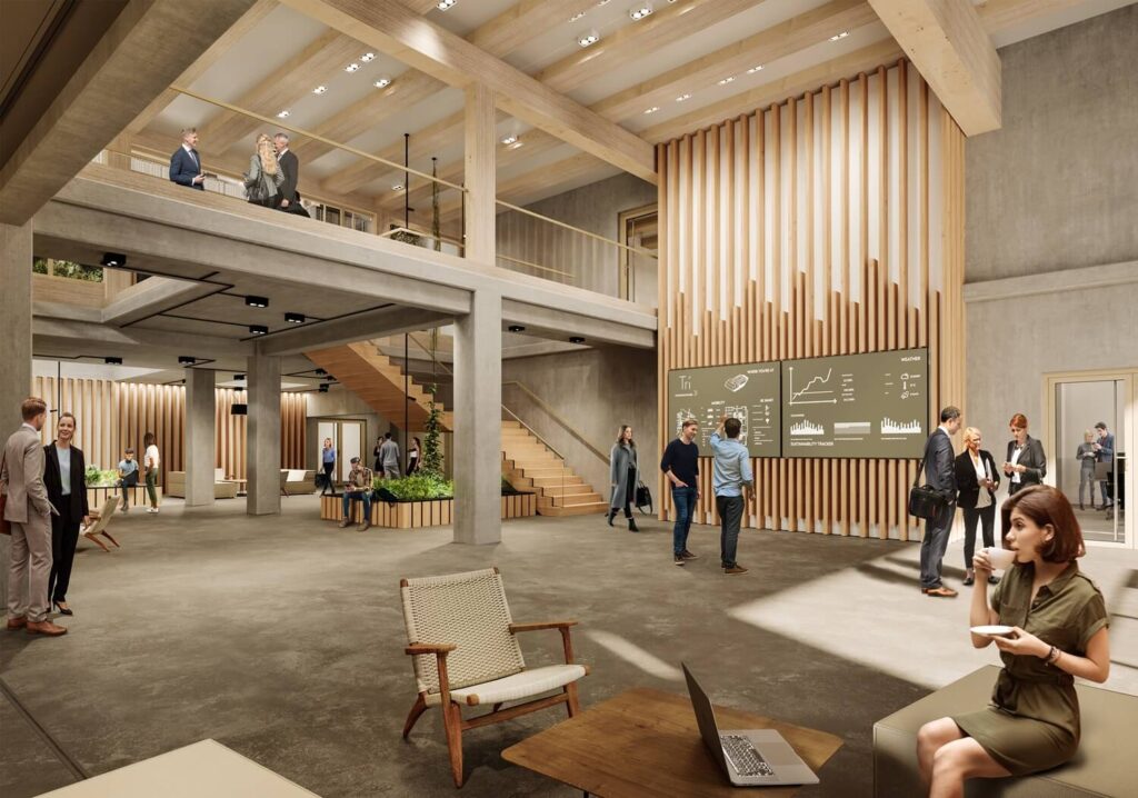 People in the spacious lobby of the Elsa building