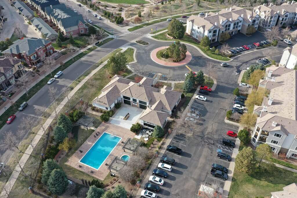 Aerial view of the intersection and the private property