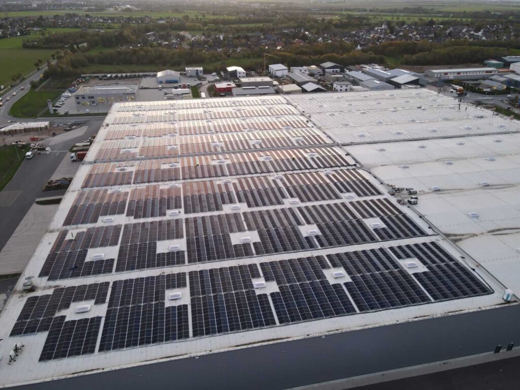 Bird's eye view on the rooftop with solar panels
