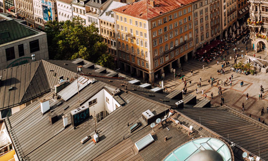 Aerial view of the building's roof and the square