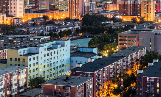 Illuminated buildings and streets of the city