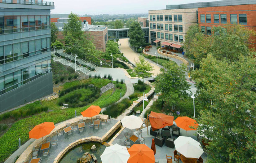 A cafe with a terrace among office buildings