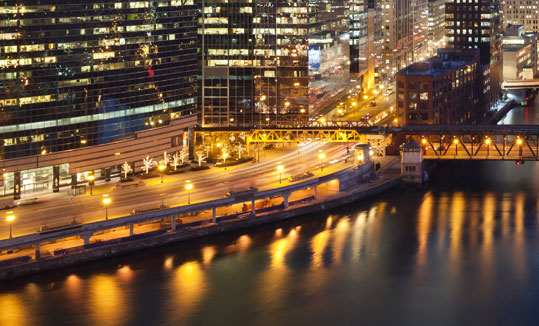 Illuminated buildings and roads in the city