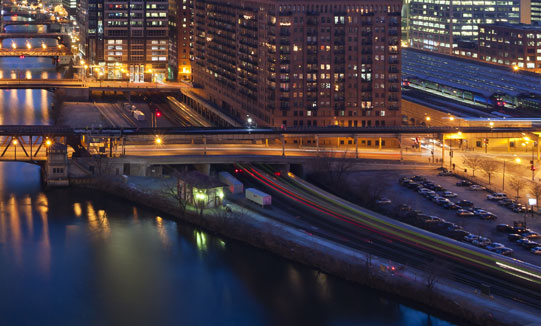 Illuminated buildings and roads in the city