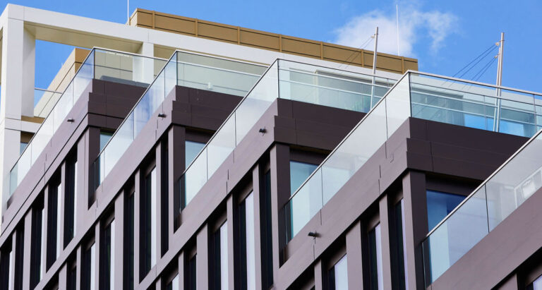 The roof of the building with glass barriers