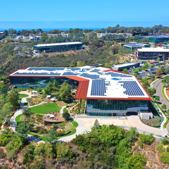 A building with a red roof, surrounded by greenery