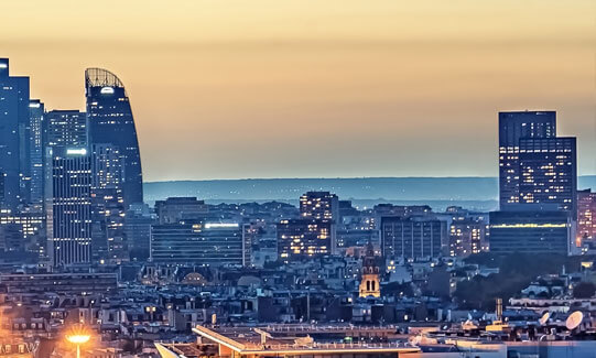 View of the city skyline at sunset