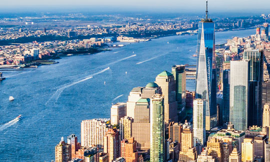 Aerial view of the city and the river