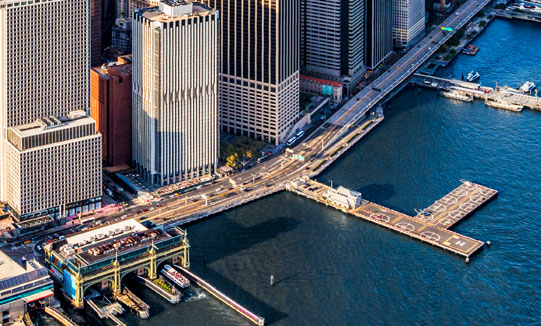 Port next to skyscrapers