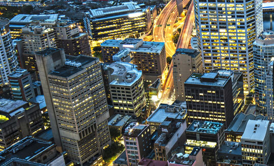 Illuminated skyscrapers at night