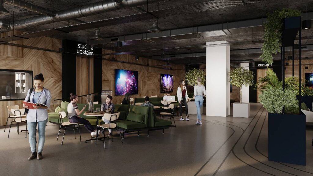 People sitting and talking in the open space