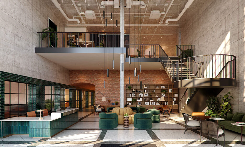 the lobby of fulton and fifth