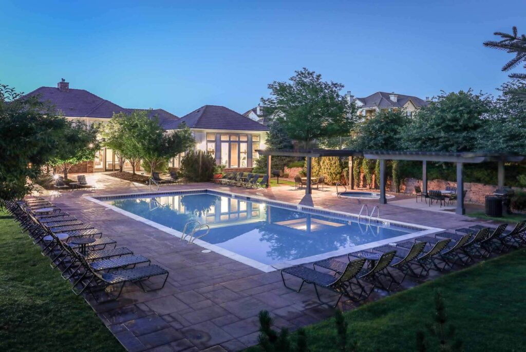 Outdoor large swimming pool in front of the house