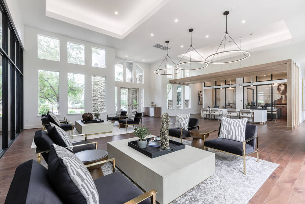 Lobby with plenty of armchairs and coffee tables