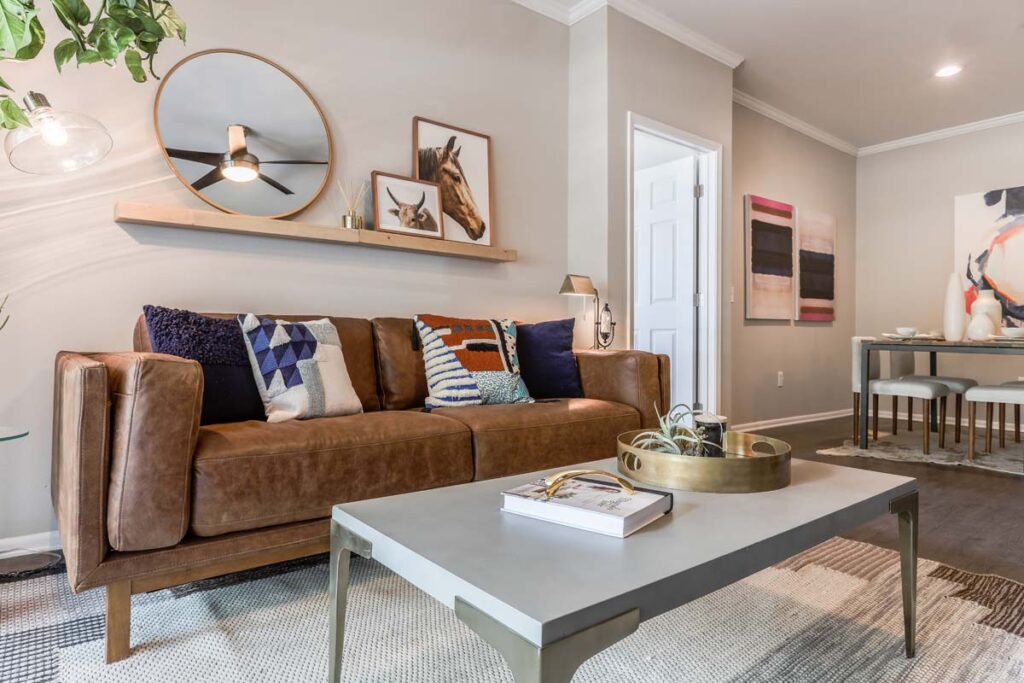 Living room with brown sofa and coffee table