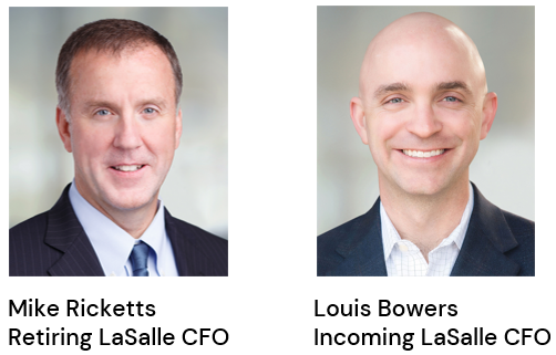 headshots of outgoing LaSalle CFO Mike Ricketts and incoming CFO Louis Bowers