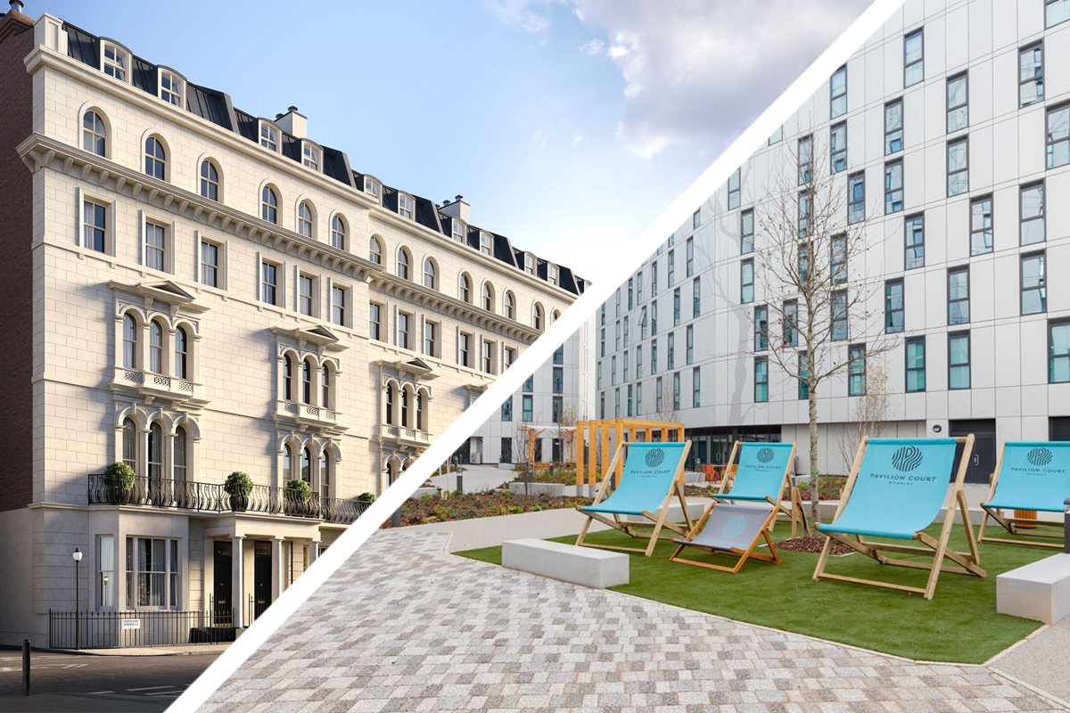 Split image of a classic Victorian-style building and a modern apartment complex featuring an outdoor seating area.